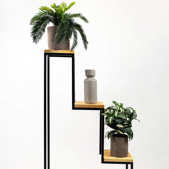 Suport ghivece flori, 60x20x112cm, 3 polite metal negru + stejar, Nicea L