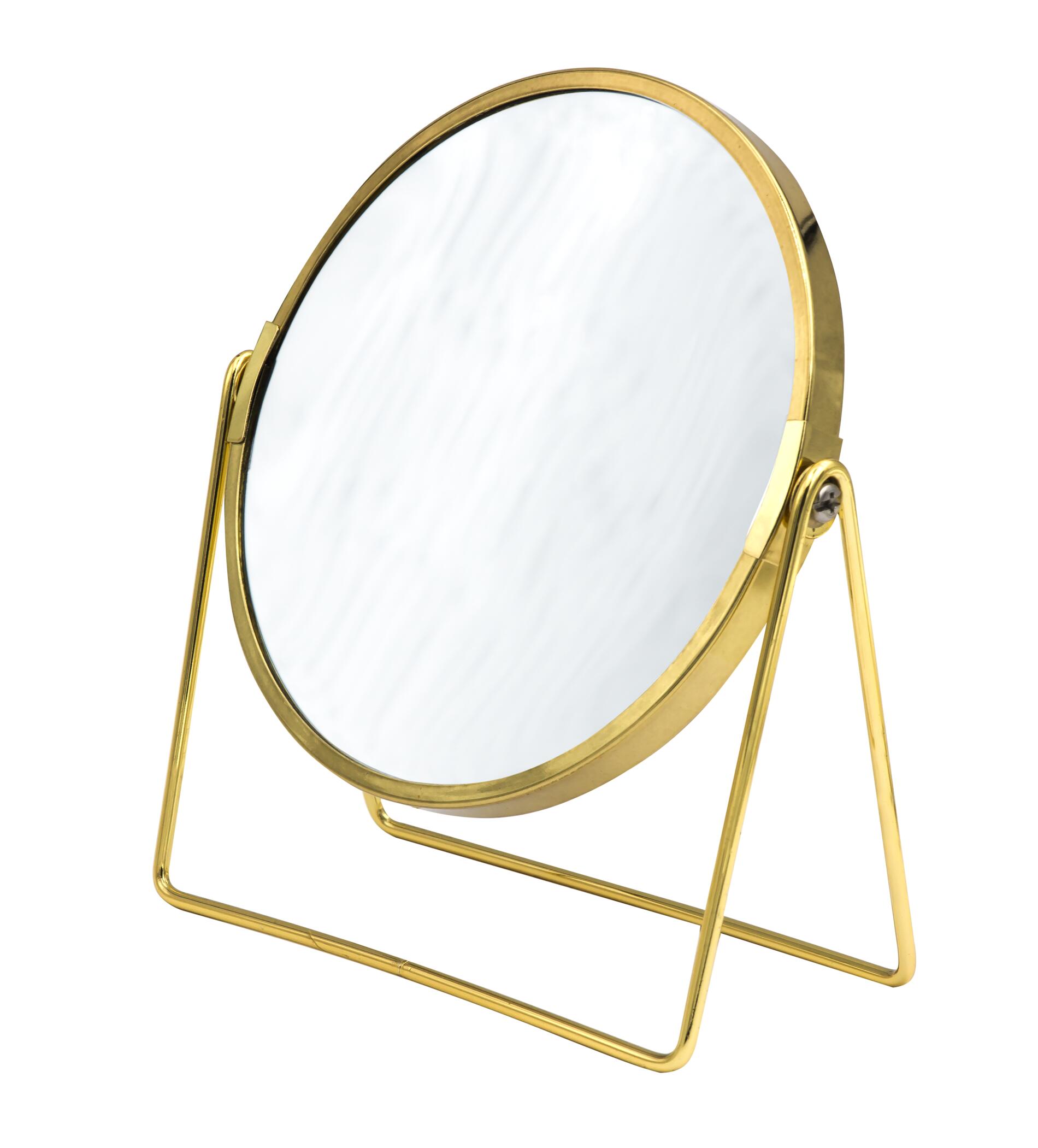 Oglinda machiaj pentru baie din otel inoxidabil, stativa, auriu, 1:1 sau marire 5X, diametru 16cm, Summer S