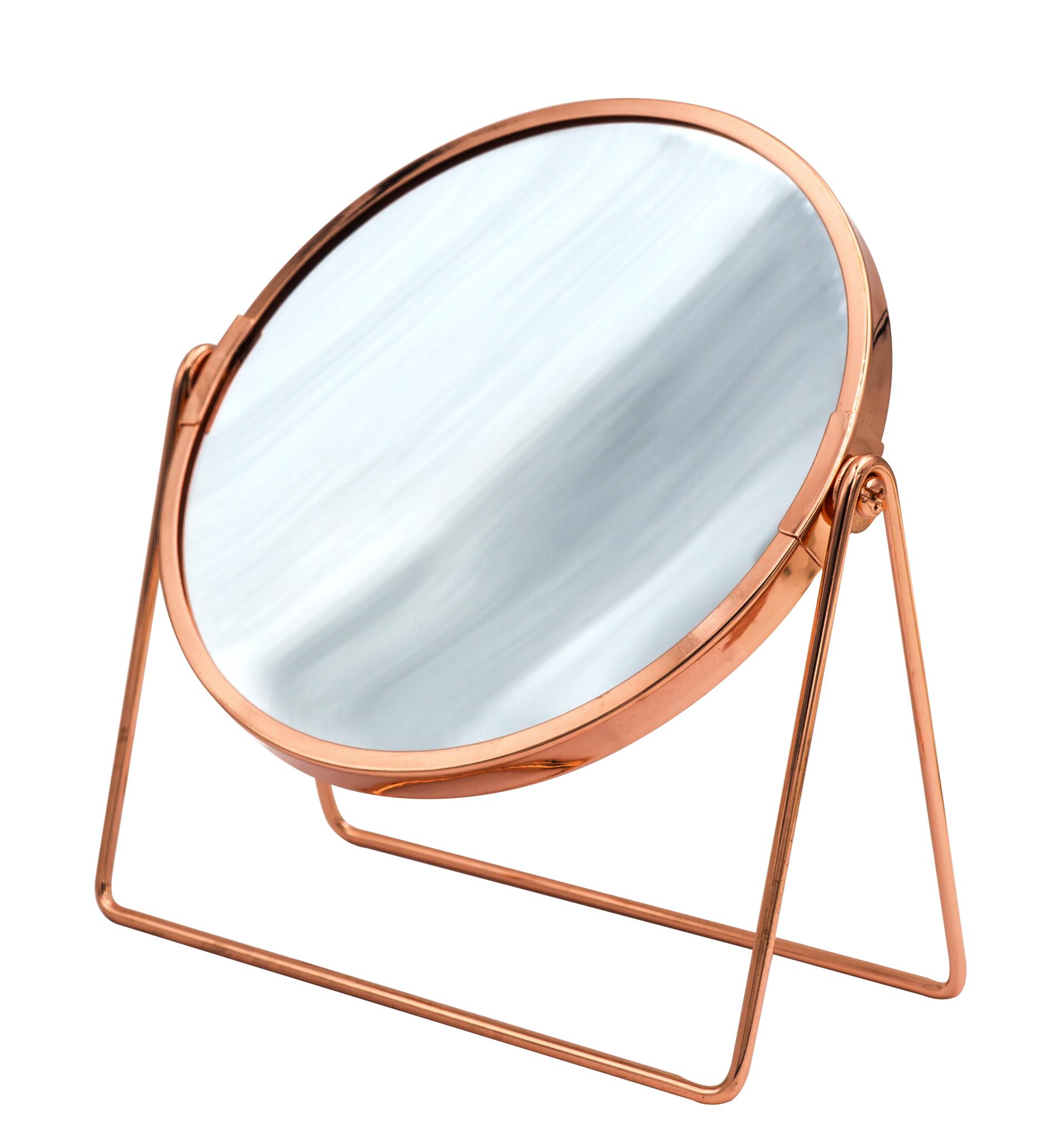 Oglinda machiaj pentru baie din otel inoxidabil, stativa, cupru, 1:1 sau marire 5X, diametru 16cm, Summer S