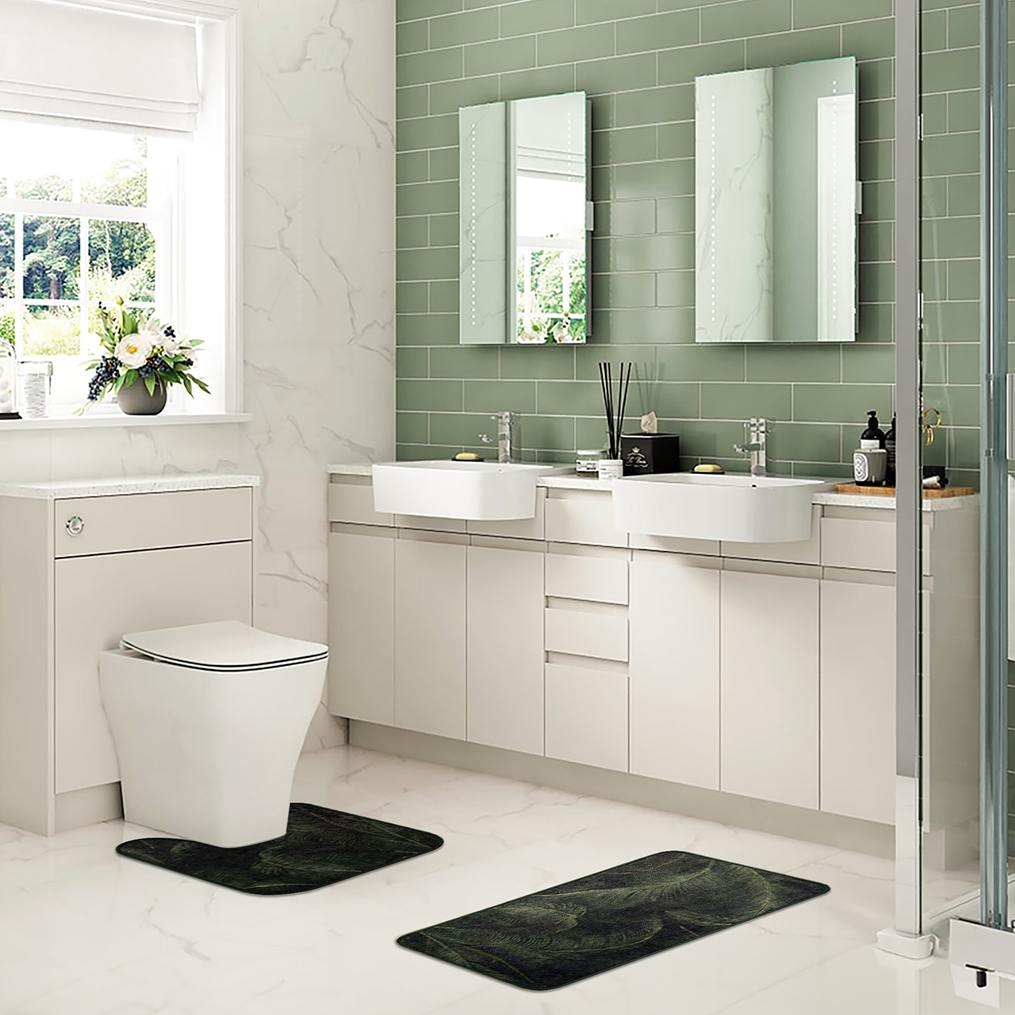 Set 2 covorase baie model frunze, Davo Pro, verde/ negru, poliamida, 50×80 cm + 50×50 cm